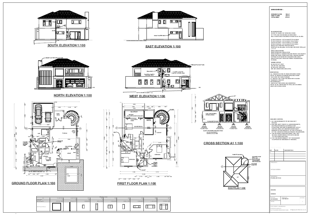 Architectural floor plans, elevations, cross-section and roof plan